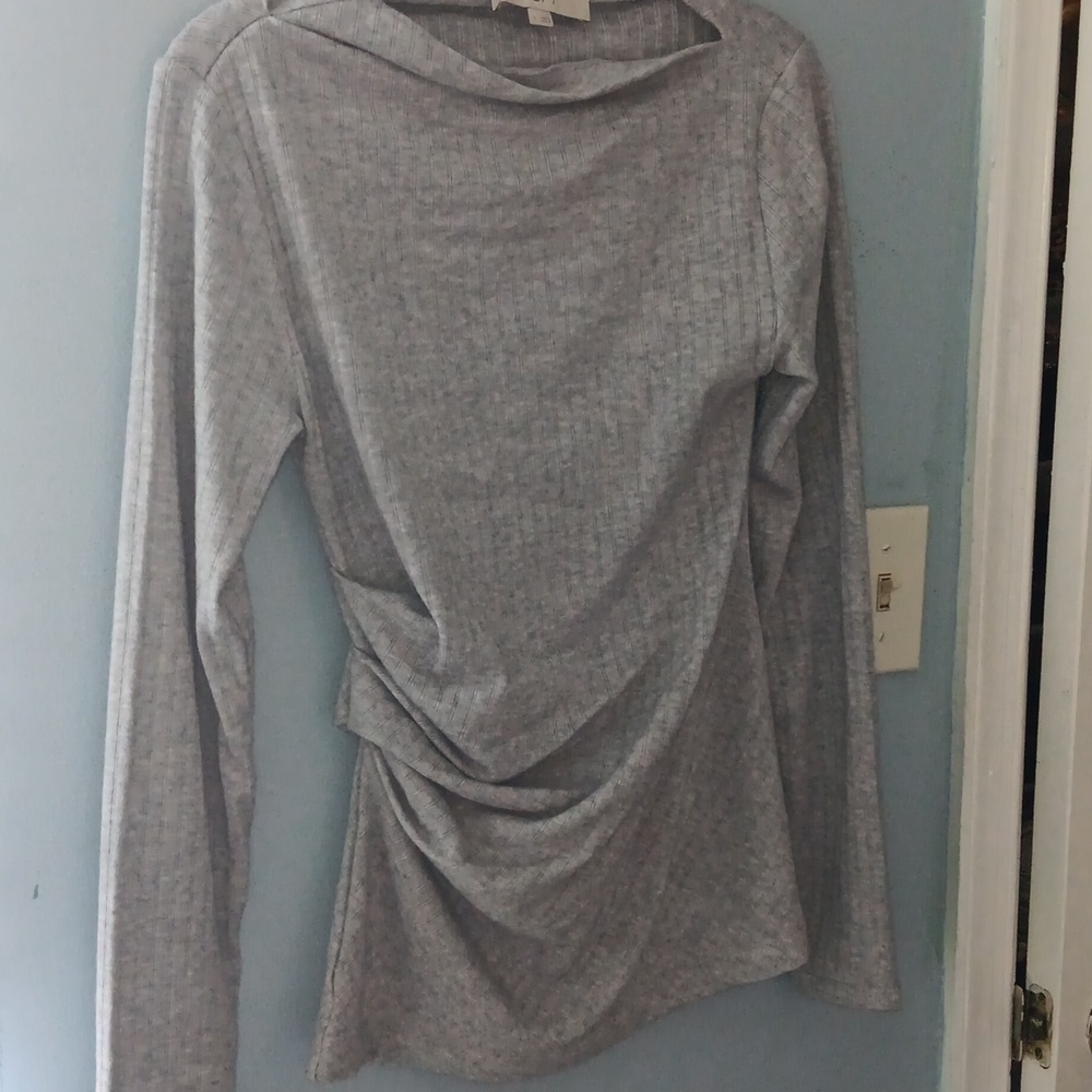 LOFT Heather Gray Long-Sleeve Draped Knit Top